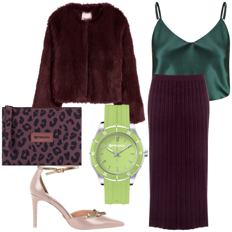 Outfit donna - Aspettando mezzanotte. Stile Glamour per Serata fuori. Abbinamento con ecopellicce, décolleté, top, gonne longuette, orologi, clutch.