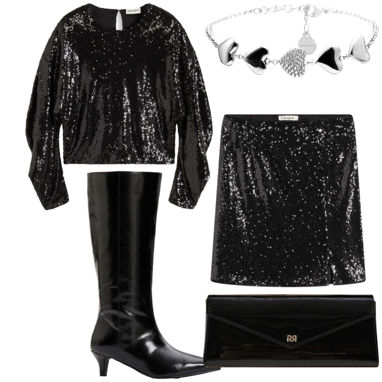 Outfit donna - Brillii di San Silvestro. Stile Trendy per Serata fuori. Abbinamento con minigonne, bluse, stivali, braccialetti, pochette.