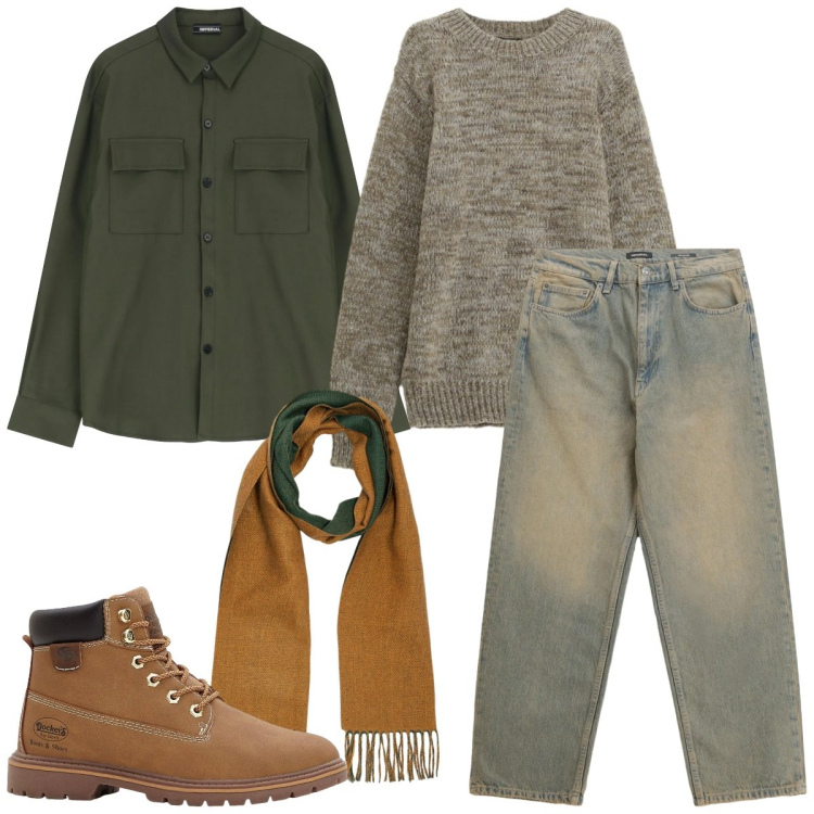 Outfit uomo - Un tocco di verde. Stile Casual per Tutti i giorni. Abbinamento con stivali e stivaletti, jeans, camicie, maglieria, sciarpe.
