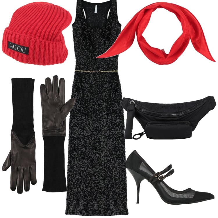 Outfit donna - Il rosso è presente. Stile Glamour per Serata fuori. Abbinamento con sciarpe, décolleté, cappelli, marsupi, guanti, vestiti lunghi.