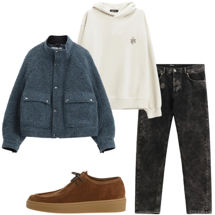 Outfit uomo - Casual rilassato. Stile Casual per Tutti i giorni. Abbinamento con felpe con cappuccio, pantaloni, bomber, scarpe stringate.