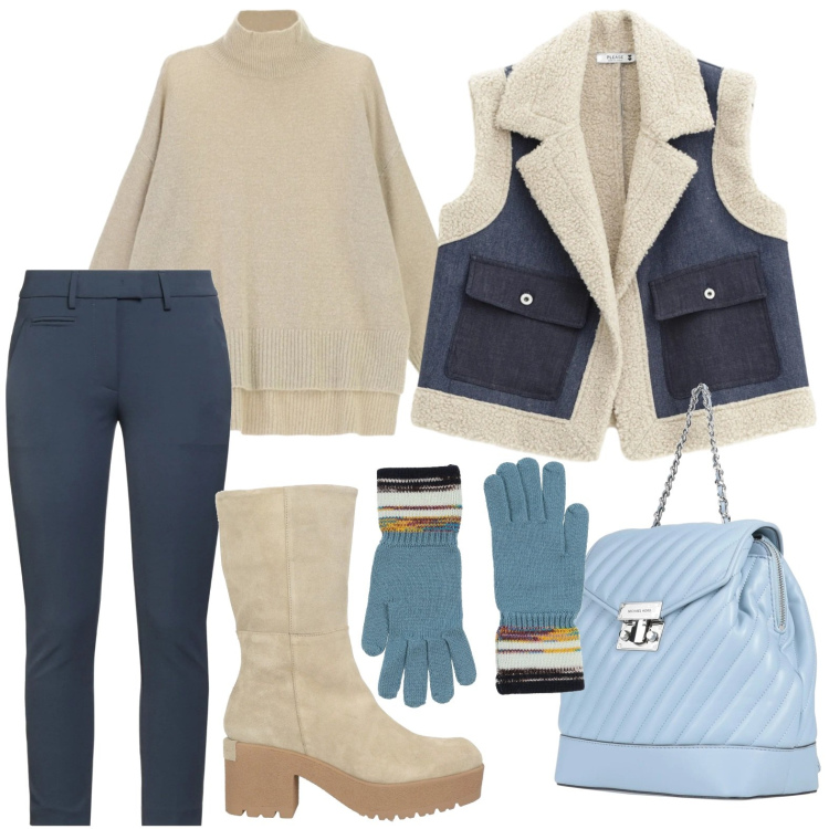 Outfit donna - Nel chalet di montagna. Stile Minimal per Tutti i giorni. Abbinamento con stivaletti, pantaloni, zaini, guanti, gilet, maglieria.