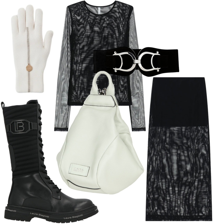 Outfit donna - Eleganza fluida. Stile Urban per Tutti i giorni. Abbinamento con cinture, stivali, zaini, gonne lunghe, t-shirt, guanti.