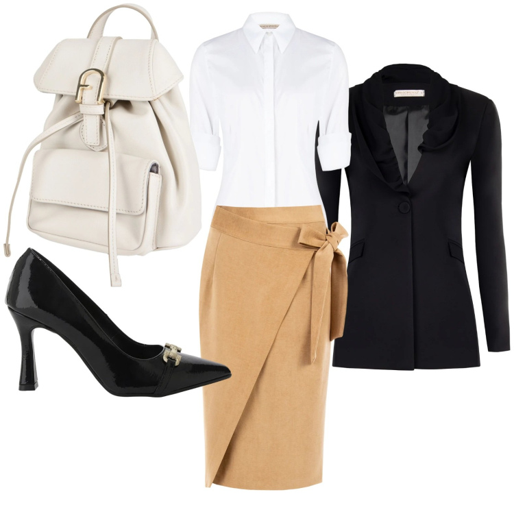 Outfit donna - Cena elegante. Stile Chic per Serata fuori. Abbinamento con zaini, décolleté, camicie, gonne longuette, blazer.