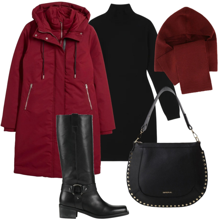 Outfit donna - Giornata in ufficio. Stile Urban per Ufficio. Abbinamento con piumini, stivali, sciarpe, borse a spalla, vestiti corti.