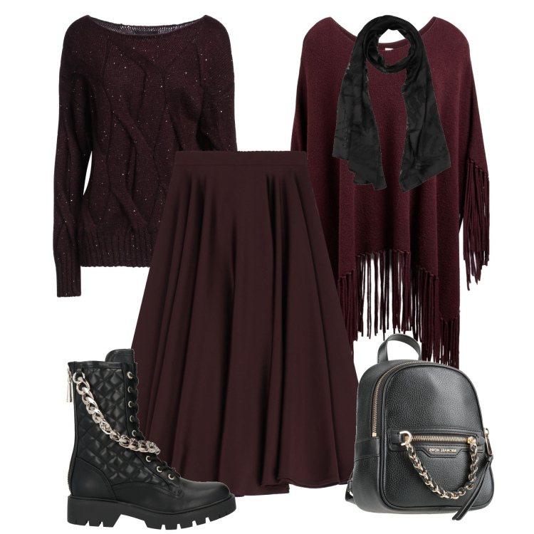 Outfit donna - Look prugna H24. Stile Casual chic per Tutti i giorni. Abbinamento con zaini, pullovers, anfibi, cappotti, sciarpe, gonne longuette.