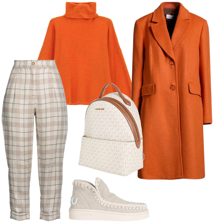 Outfit donna - Arancione d\'inverno. per Tutti i giorni. Abbinamento con cappotti, stivaletti, zaini, pantaloni, maglieria.