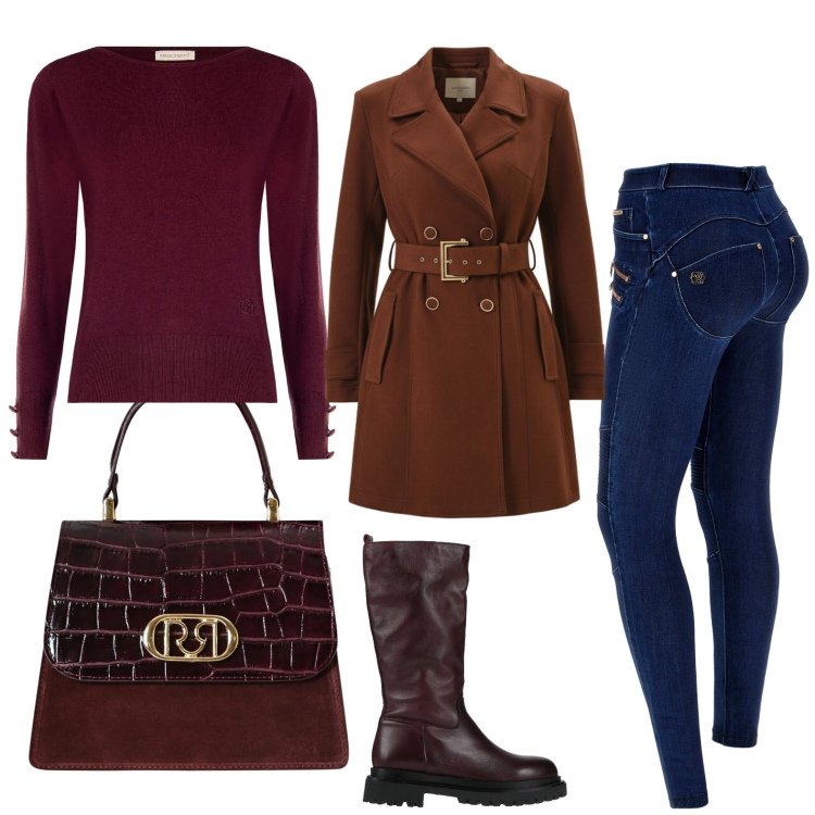 Outfit donna - Vinaccia. Stile Casual per Tutti i giorni. Abbinamento con stivali, borse a mano, pullovers, trench, jeans skinny.