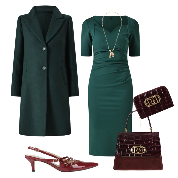 Outfit donna - Cerimonia d’inverno. Stile Chic per Cerimonia. Abbinamento con décolleté, vestiti a tubino, cappotti, portafogli, borse a mano, ciondoli.