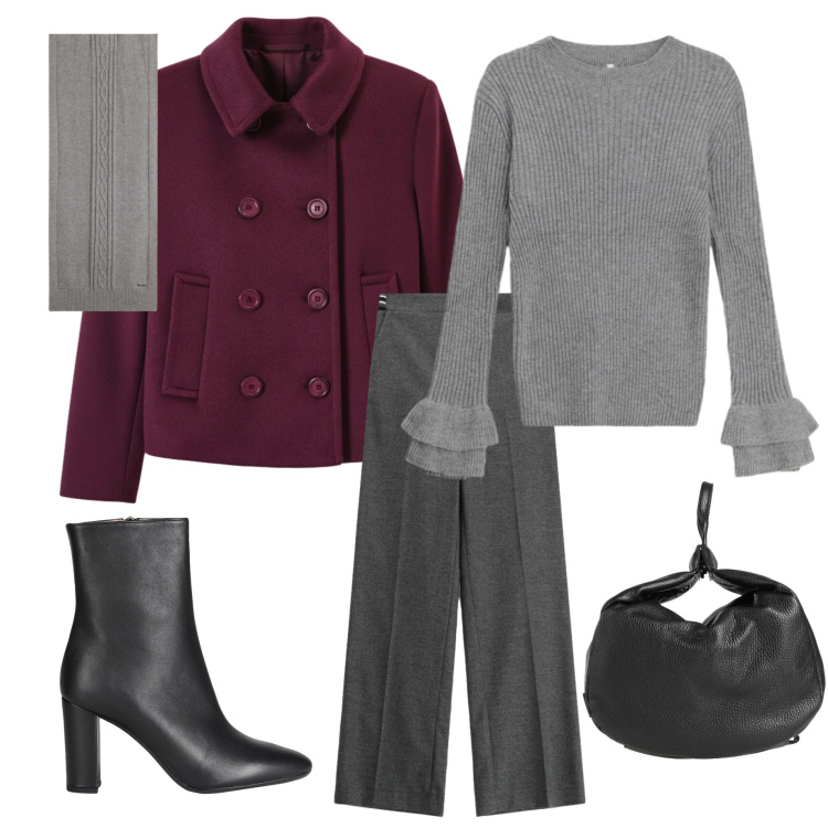 Outfit donna - A mio agio in pantaloni e pullover. Stile Casual chic per Ufficio. Abbinamento con stivaletti, zaini, maglieria, pantaloni a palazzo, sciarpe, caban.