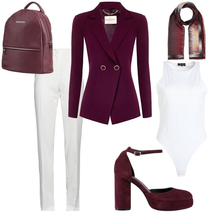 Outfit donna - Burgundy day. Stile Casual chic per Ufficio. Abbinamento con décolleté, pantaloni, body, sciarpe, zaini, blazer.