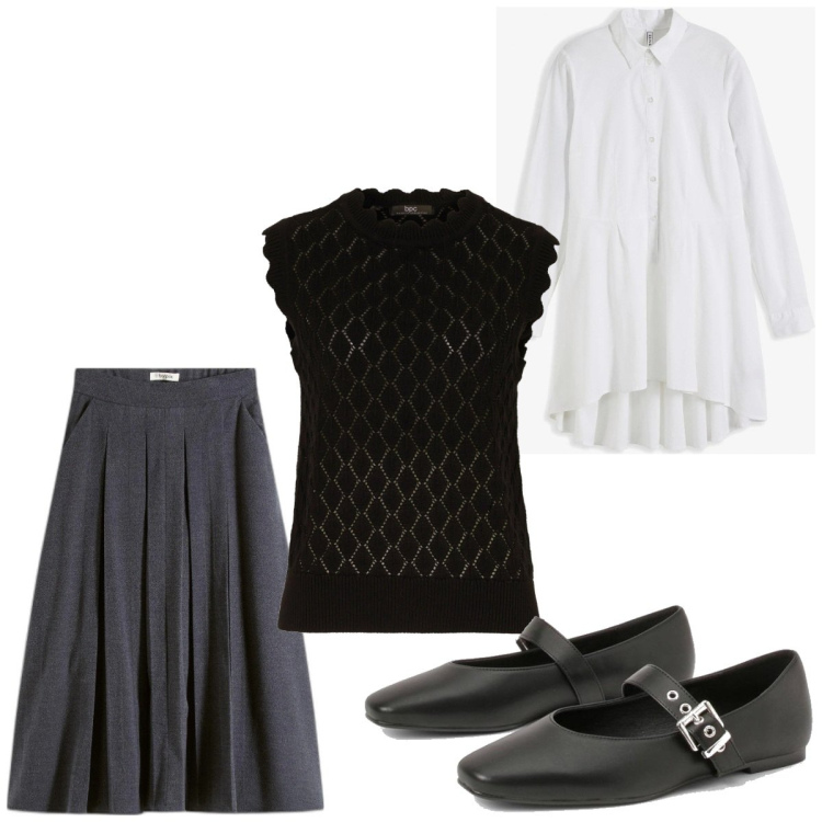 Outfit femme - Preppy #931. Style Preppy pour Tous les jours. Assortir avec pulls, chemisiers, jupes au genou, ballerines.