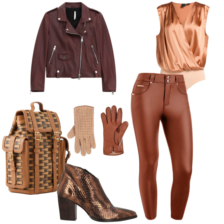 Outfit donna - Total look #2310149. Stile Rock per Serata fuori. Abbinamento con body, stivaletti, guanti, zaini, giacche, pantaloni skinny.