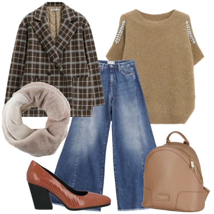 Outfit donna - Chic in jeans. Stile Casual chic per Tutti i giorni. Abbinamento con sciarpe, zaini, décolleté, jeans a zampa, blazer, maglieria.