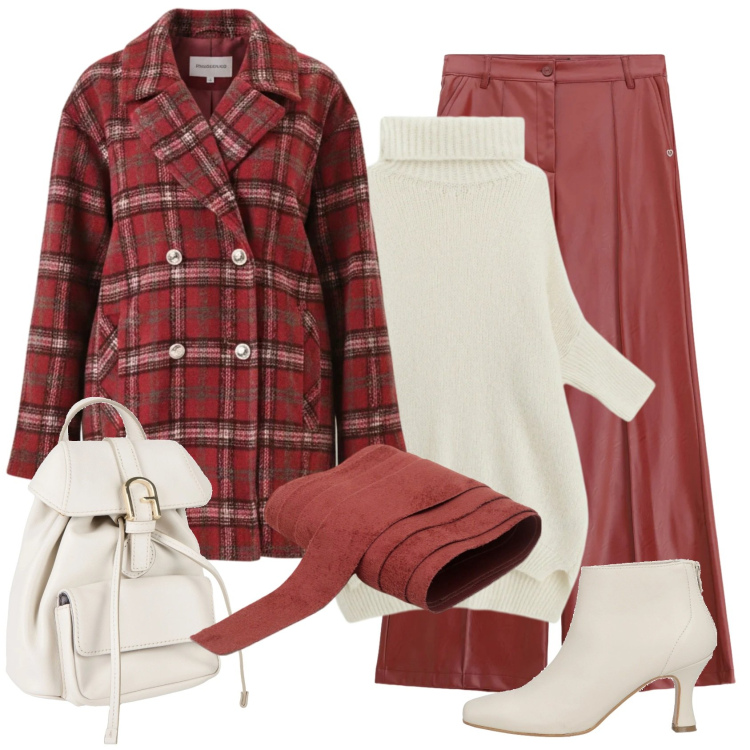 Outfit donna - Abbinamento color mattone. Stile Casual chic per Tutti i giorni. Abbinamento con stivaletti, zaini, pantaloni, cinture, maglieria, cappotti.