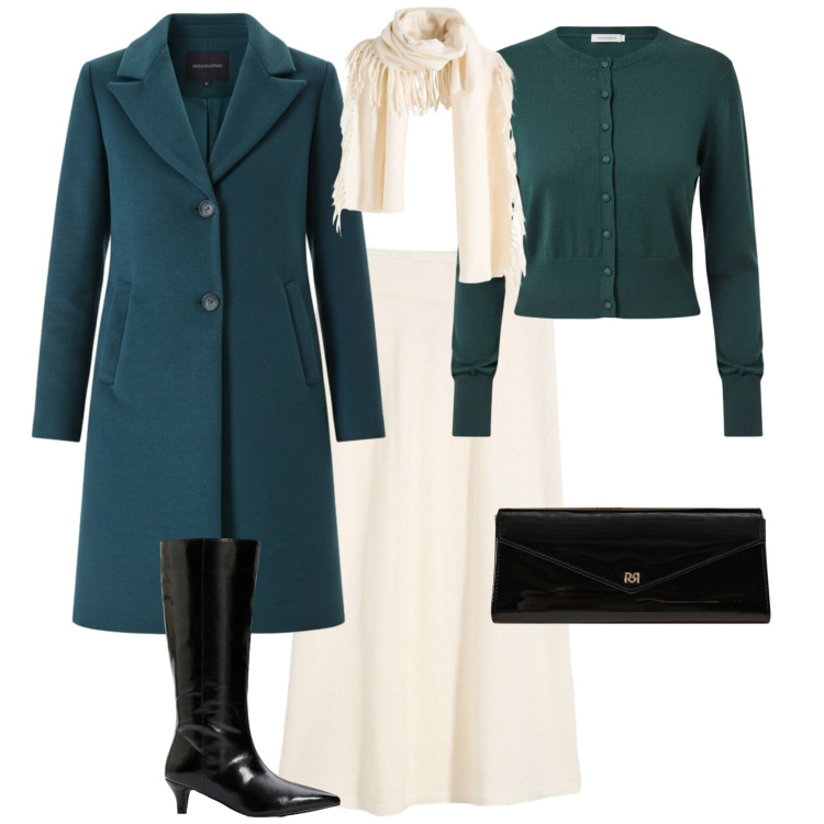 Outfit donna - Chic serata evento speciale. Stile Chic per Serata fuori. Abbinamento con gonne longuette, sciarpe, stivali, cardigans, pochette, cappotti.