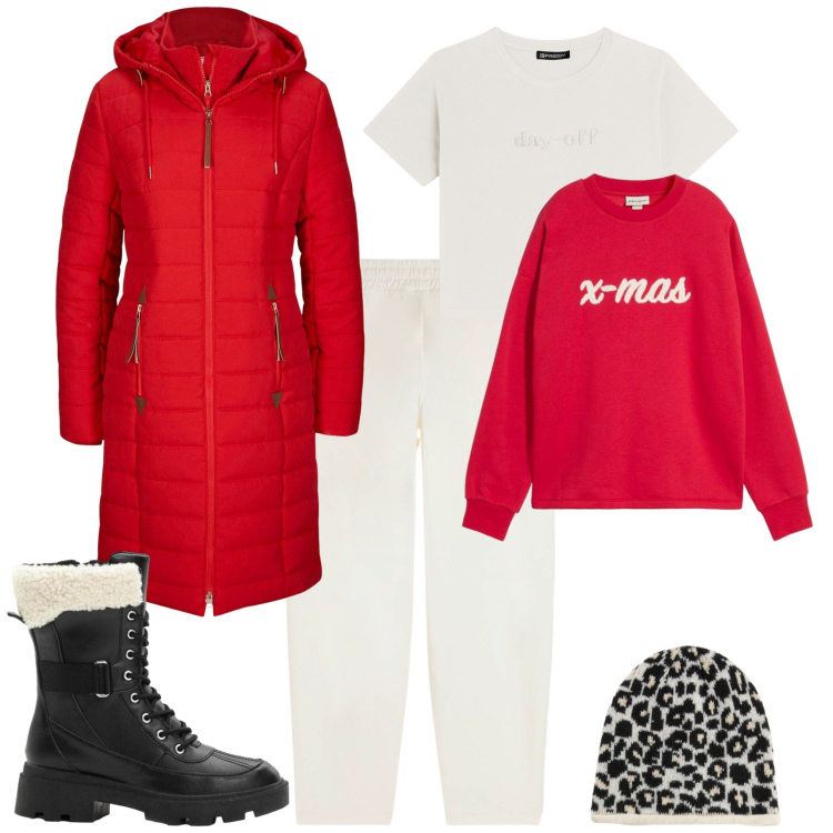 Outfit donna - Sporty chic in montagna. Stile Sporty chic per Tutti i giorni. Abbinamento con blazer, berretti, felpe, anfibi, t-shirt, pantaloni.