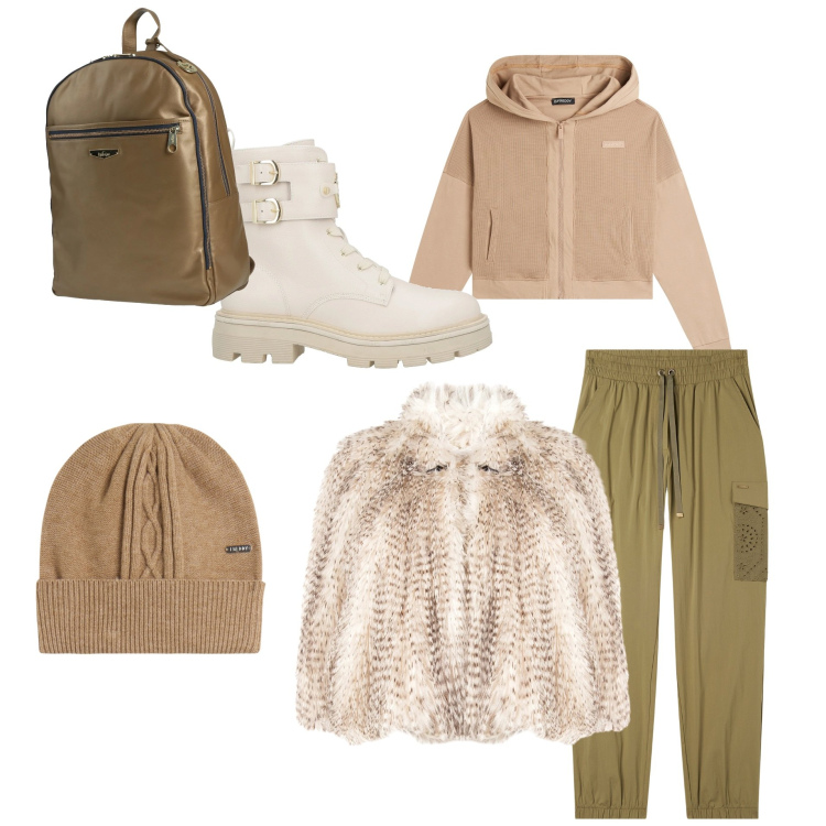 Outfit donna - Freddo... ti incontro con stile. Stile Sporty chic per Tutti i giorni. Abbinamento con zaini, anfibi, berretti, felpe con cappuccio, pantaloni cargo, ecopellicce.