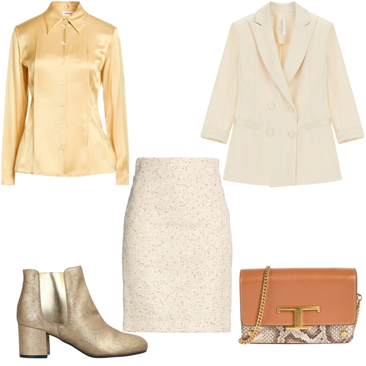 Outfit donna - eleganza. Stile Chic per Serata fuori. Abbinamento con minigonne, camicie, stivaletti chelsea, marsupi, blazer.