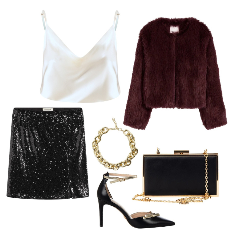 Outfit donna - cenone. Stile Chic per Serata fuori. Abbinamento con ecopellicce, minigonne, collane, décolleté, pochette, canottiere.