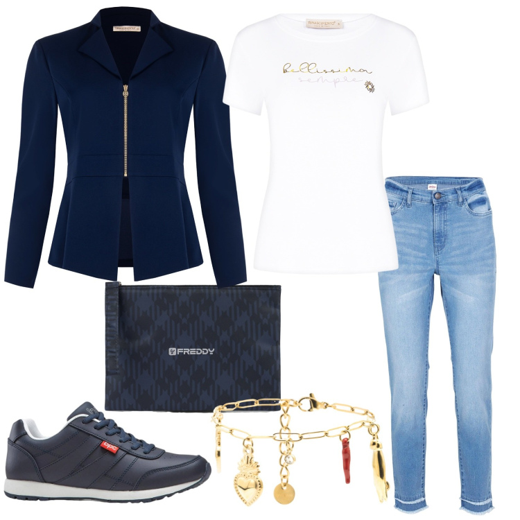 Outfit donna - giornaliero. Stile Casual per Ufficio. Abbinamento con sneakers, jeans, t-shirt, blazer, braccialetti, clutch.