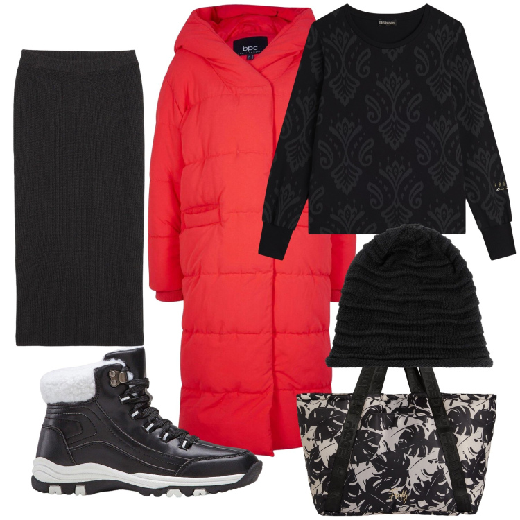 Outfit donna - Regina delle nevi. Stile Trendy per Tutti i giorni. Abbinamento con piumini, berretti, stivaletti, gonne, shopping bag, felpe.