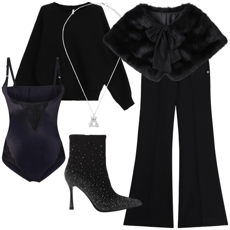 Outfit donna - Regina dell ufficio. Stile Chic per Ufficio. Abbinamento con body, pantaloni, stivaletti, maglieria, stole, ciondoli.