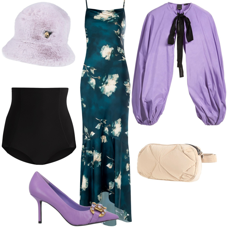 Outfit donna - Regina dell originalità. Stile Glamour per Serata fuori. Abbinamento con décolleté, marsupi, cappelli, blazer, culotte, vestiti lunghi.