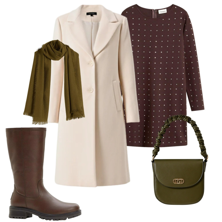 Outfit donna - In città. Stile Urban per Tutti i giorni. Abbinamento con vestiti, sciarpe, stivali, cappotti, borse a mano.