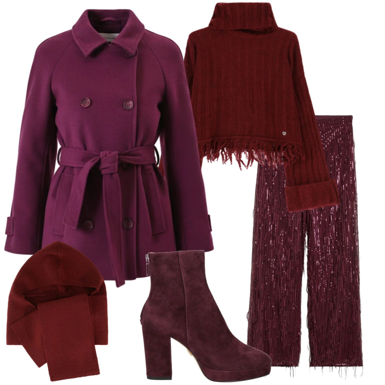 Outfit donna - Brillare sempre. Stile Casual chic per Serata fuori. Abbinamento con pantaloni, stivaletti, sciarpe, maglieria, caban.