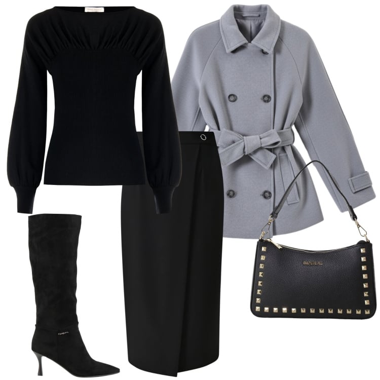 Outfit donna - Serata chic. Stile Chic per Serata fuori. Abbinamento con stivali, pochette, maglieria, caban, gonne.