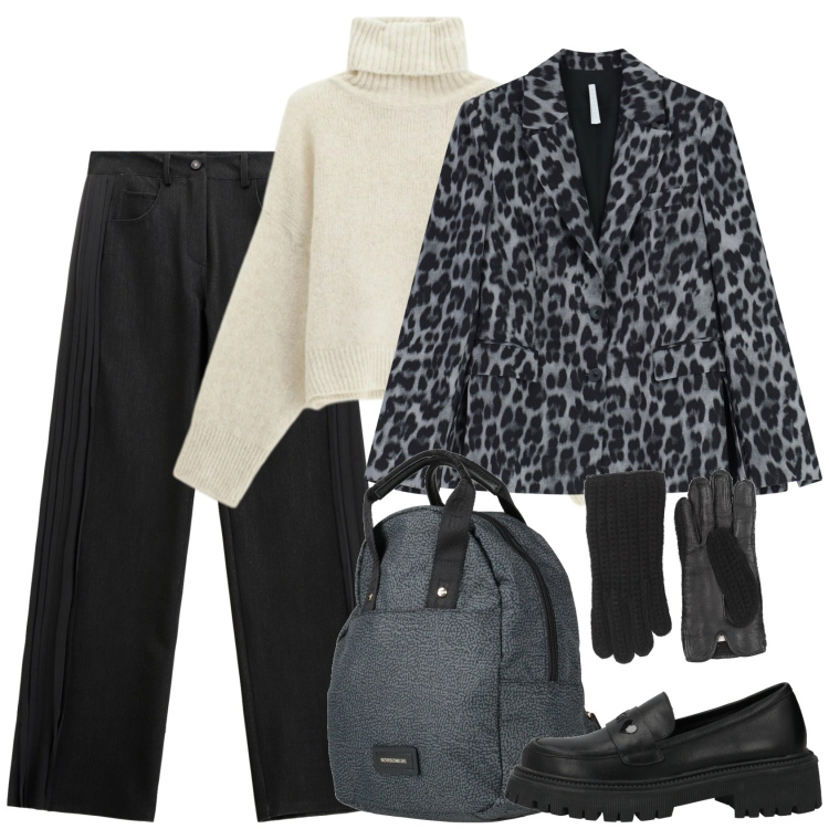 Outfit donna - In bici. Stile Trendy per Tutti i giorni. Abbinamento con mocassini, zaini, guanti, maglieria, jeans, blazer.