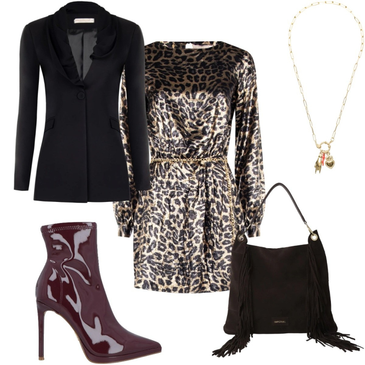 Outfit donna - Toni dorati: glamour animalier. Stile Glamour per Serata fuori. Abbinamento con stivaletti, borse a spalla, vestiti corti, blazer, ciondoli.
