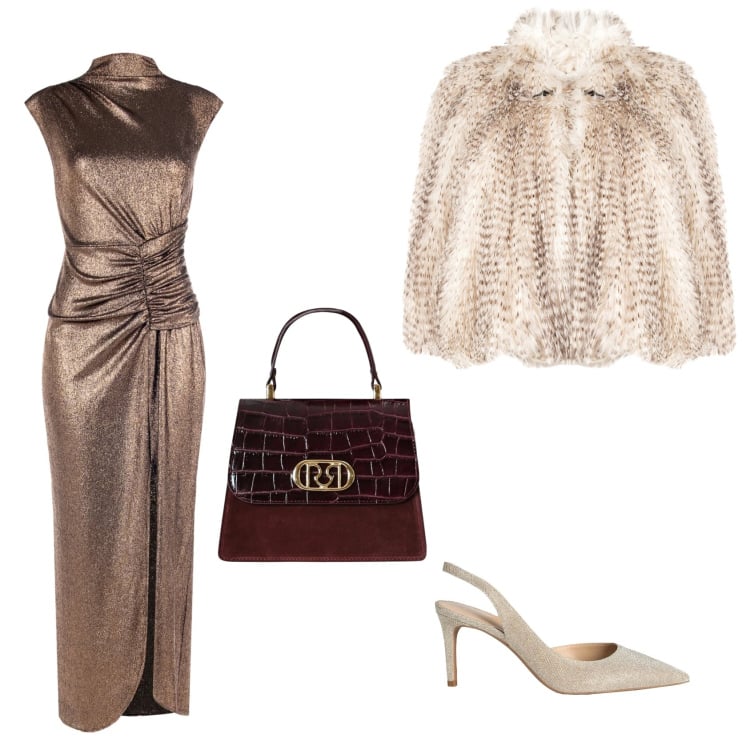 Outfit donna - Metallic gold. Stile Chic Abbinamento con décolleté, ecopellicce, borse a mano, vestiti lunghi.
