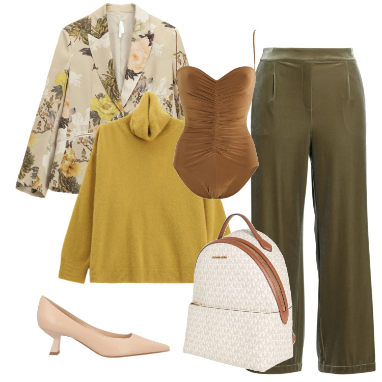 Outfit donna - Total look #2310321. Stile Chic per Ufficio. Abbinamento con zaini, body, pantaloni, décolleté, blazer, maglieria.