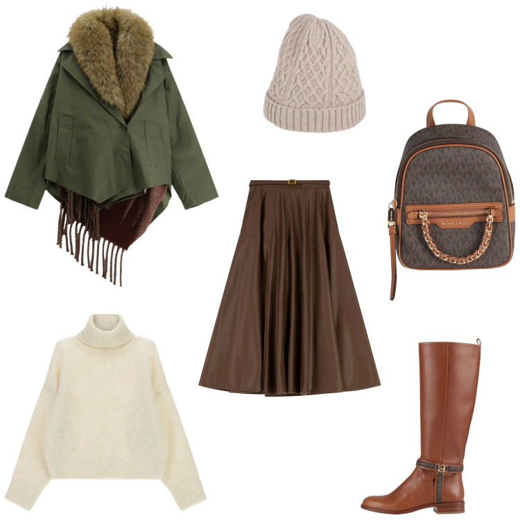 Outfit donna - Abbigliamento feriale. Stile Sporty chic per Tutti i giorni. Abbinamento con zaini, stivali, cappelli, gonne lunghe, cappotti, maglieria.