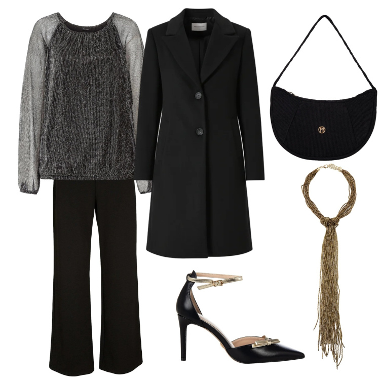 Outfit donna - Uscita dorata. Stile Urban per Serata fuori. Abbinamento con maglieria, pantaloni a palazzo, collane, borse a mano, décolleté, cappotti.