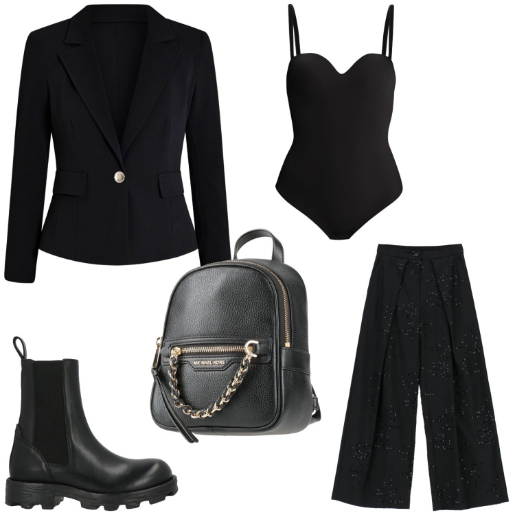 Outfit donna - Appuntamento di lavoro. Stile Casual chic per Ufficio. Abbinamento con zaini, stivaletti chelsea, pantaloni a palazzo, body, blazer.