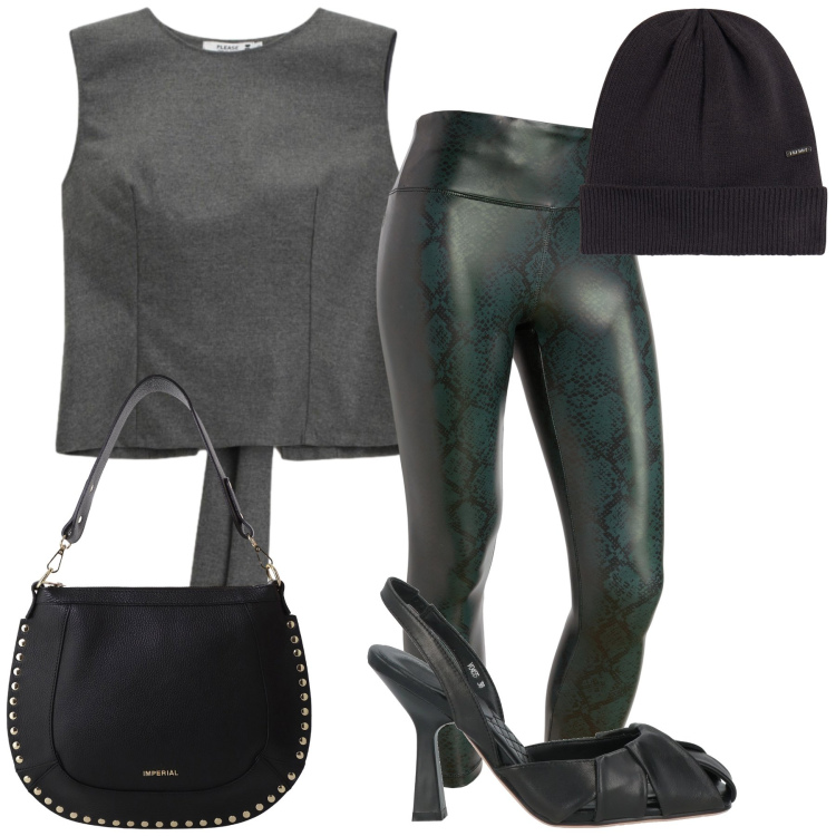 Outfit donna - Eleganza rock. Stile Trendy per Serata fuori. Abbinamento con décolleté, borse a spalla, top, leggings, berretti.