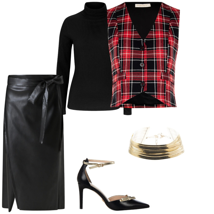 Outfit donna - E festa sia. per Serata fuori. Abbinamento con maglieria, gonne longuette, gilet, décolleté, braccialetti.