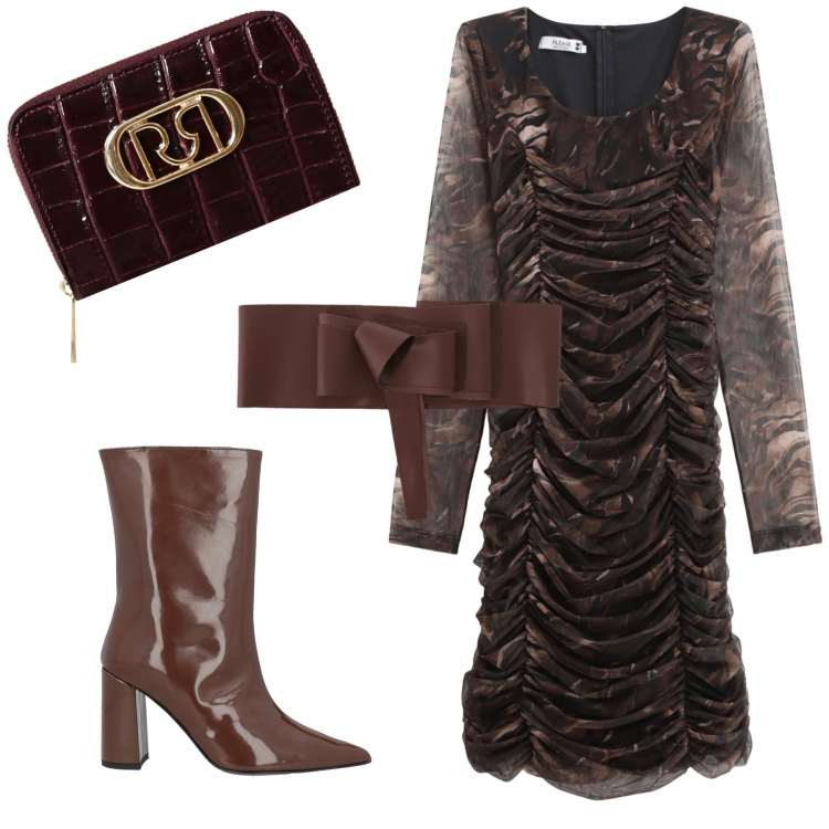 Outfit donna - Serata color cioccolata. Stile Glamour per Serata fuori. Abbinamento con stivaletti, vestiti, cinture, portafogli.