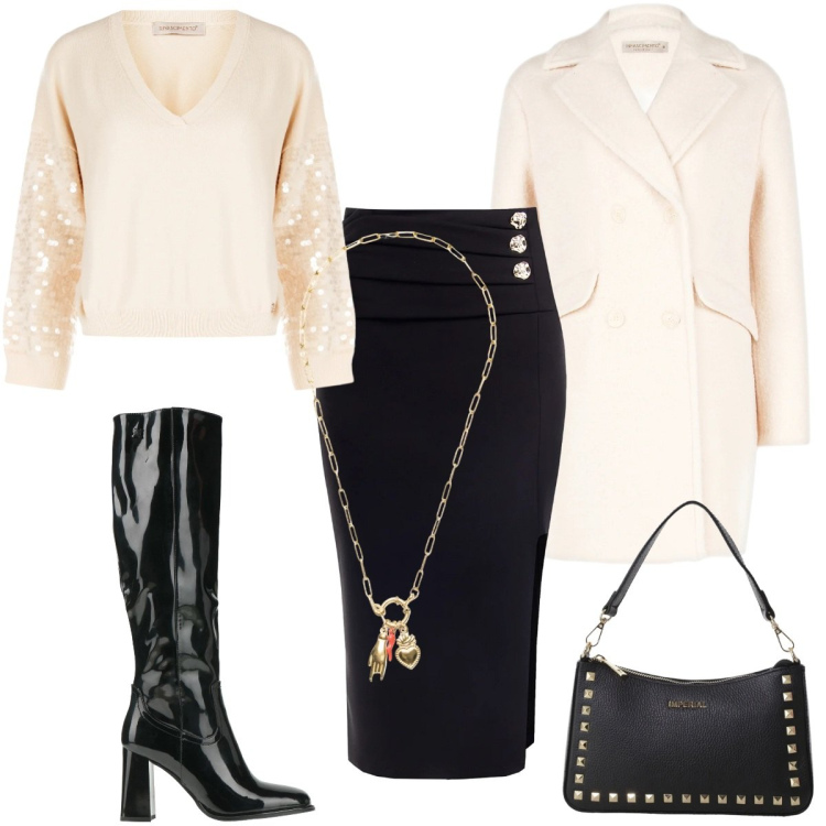 Outfit donna - Serata/Cerimonia informale. Stile Chic per Serata fuori. Abbinamento con stivali, pochette, maglieria, gonne longuette, cappotti, ciondoli.