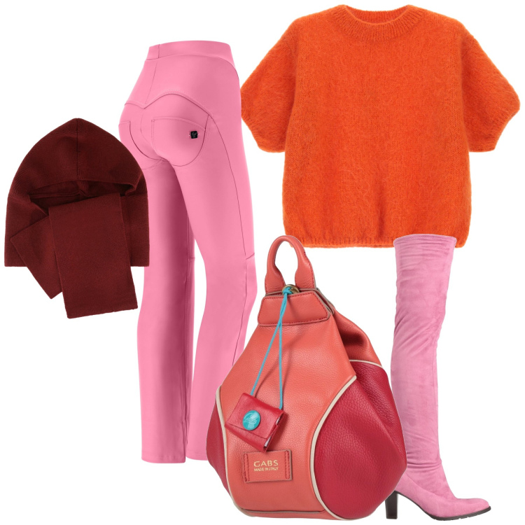 Outfit donna - Un colorato anno nuovo. Stile Trendy per Tutti i giorni. Abbinamento con zaini, stivali sopra il ginocchio, maglieria, sciarpe, pantaloni.