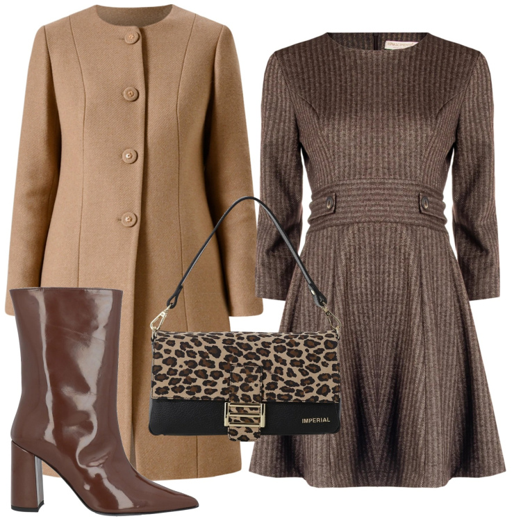 Outfit donna - Bella in marrone. Stile Bon Ton per Tutti i giorni. Abbinamento con stivaletti, borse a spalla, cappotti, vestiti corti.