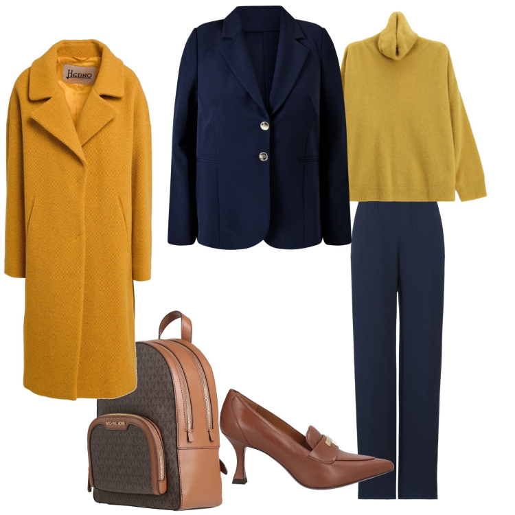 Outfit donna - Total look #2310353. Stile Glamour per Scuola/Università. Abbinamento con pantaloni, cappotti, zaini, décolleté, maglieria, blazer.