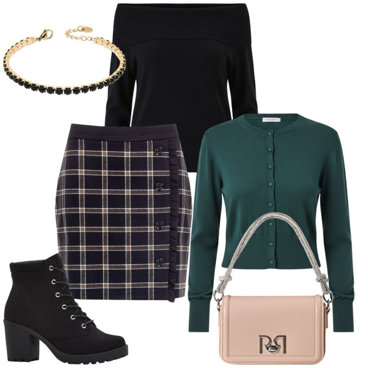 Outfit donna - Preppy style. Stile Preppy per Tutti i giorni. Abbinamento con stivaletti, braccialetti, cardigans, minigonne, pullovers, borse a mano.
