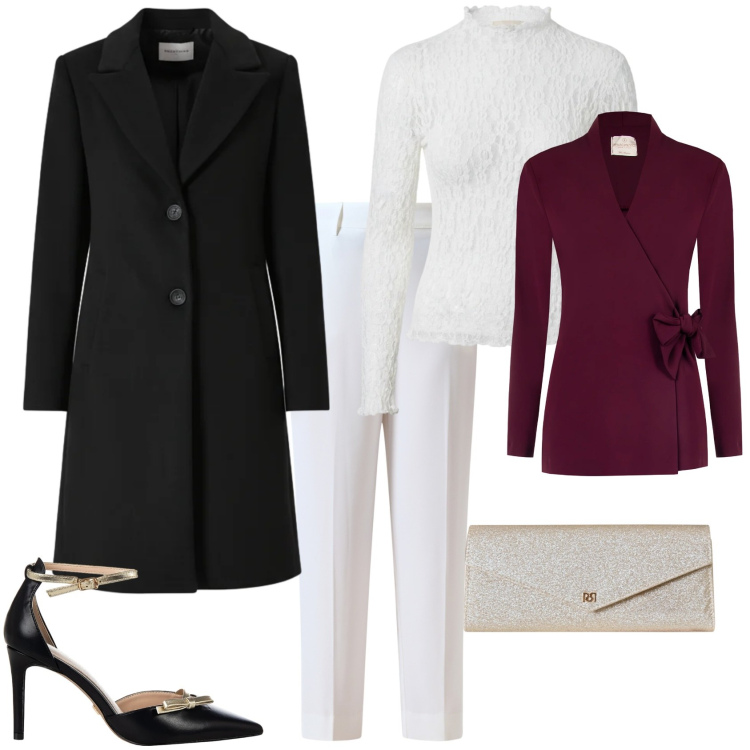 Outfit donna - Bon ton serata evento speciale. Stile Bon Ton per Serata fuori. Abbinamento con pantaloni, bluse, décolleté, pochette, blazer, cappotti.