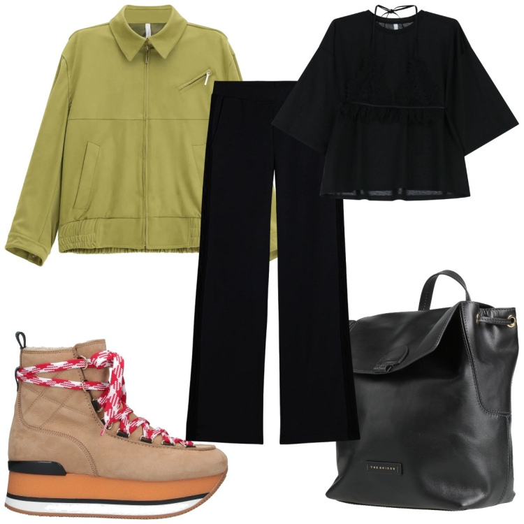 Outfit donna - Total look #2310365. Stile Trendy per Tutti i giorni. Abbinamento con stivaletti, zaini, blazer, t-shirt, pantaloni.