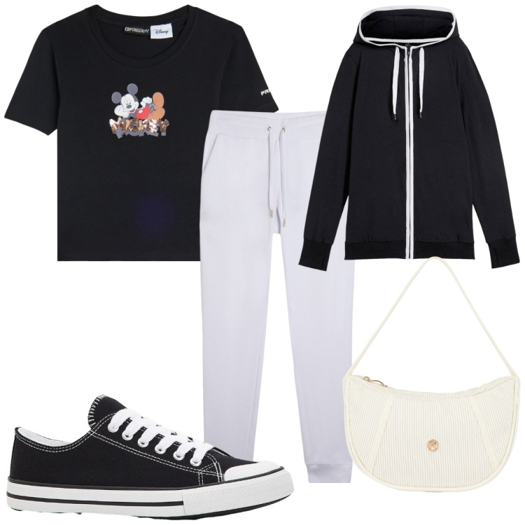 Outfit donna - Total look #2310367. Stile Basic per Sport. Abbinamento con felpe, sneakers, t-shirt, borse a mano, pantaloni.