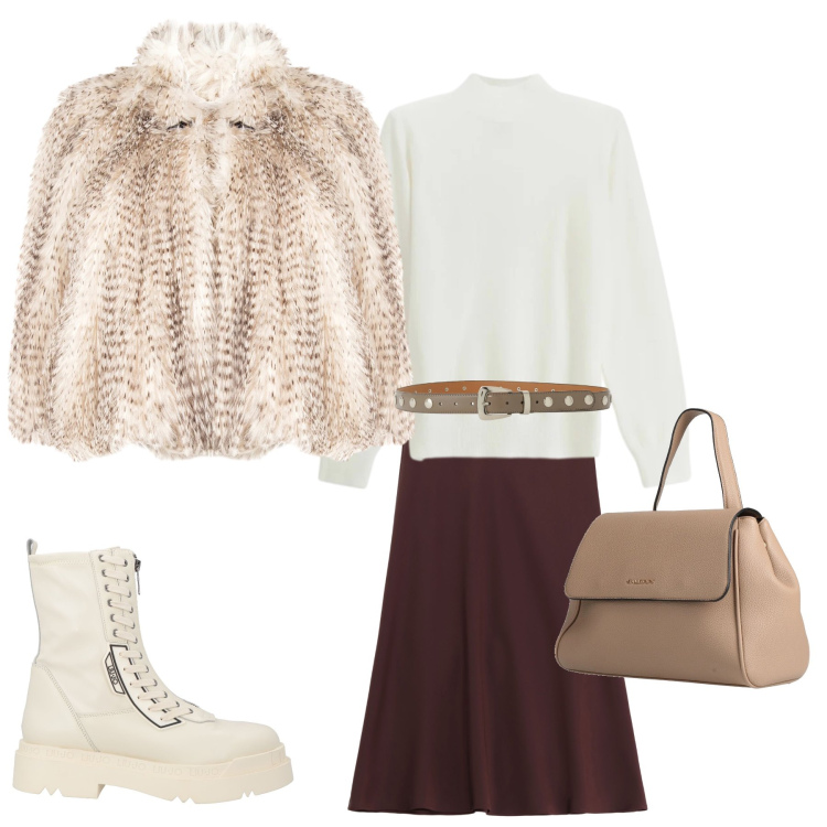 Outfit donna - Winter Party. Stile Casual chic per Tutti i giorni. Abbinamento con anfibi, zaini, gonne longuette, cinture, maglieria, ecopellicce.